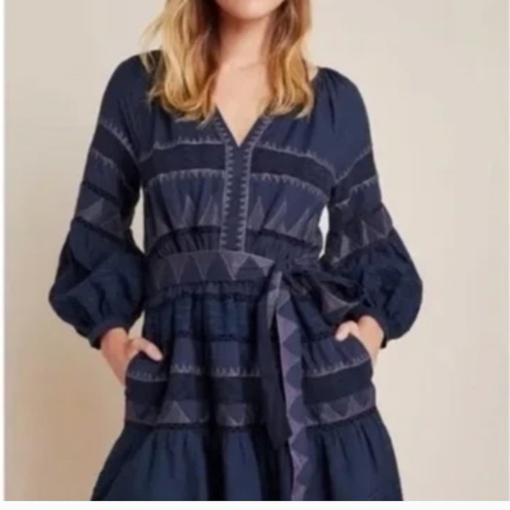 Anthropologie Skye Embroidered Mini Dress, Navy Large